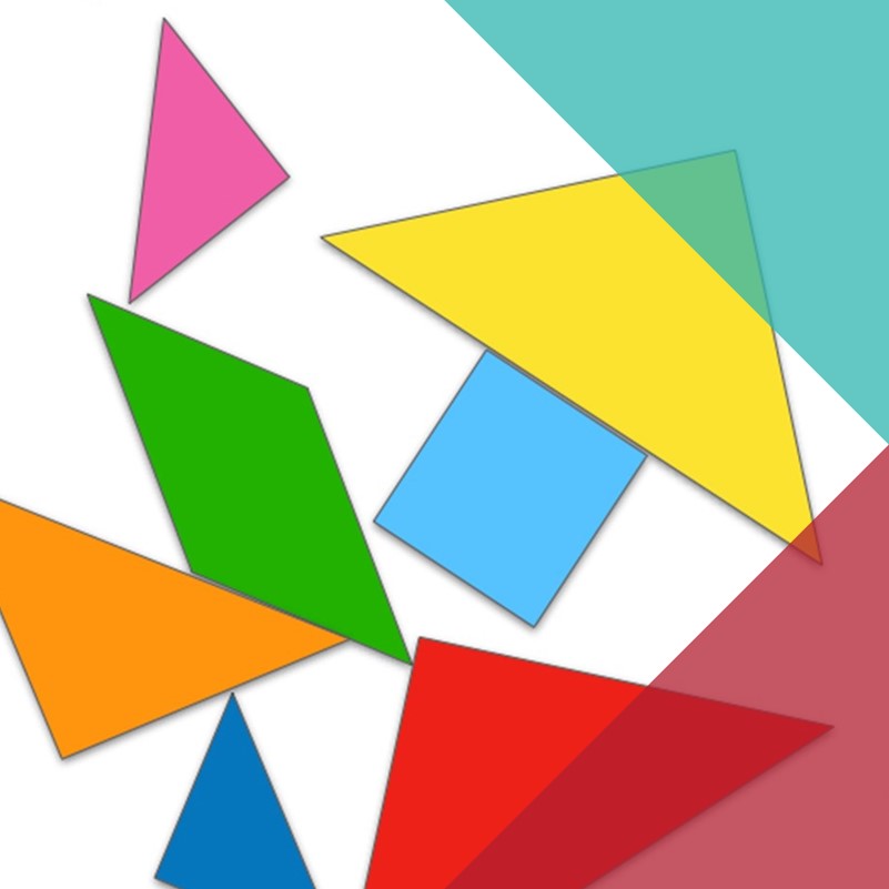 a drawing filled with different coloured shapes on a white background seemingly piled on top of each other